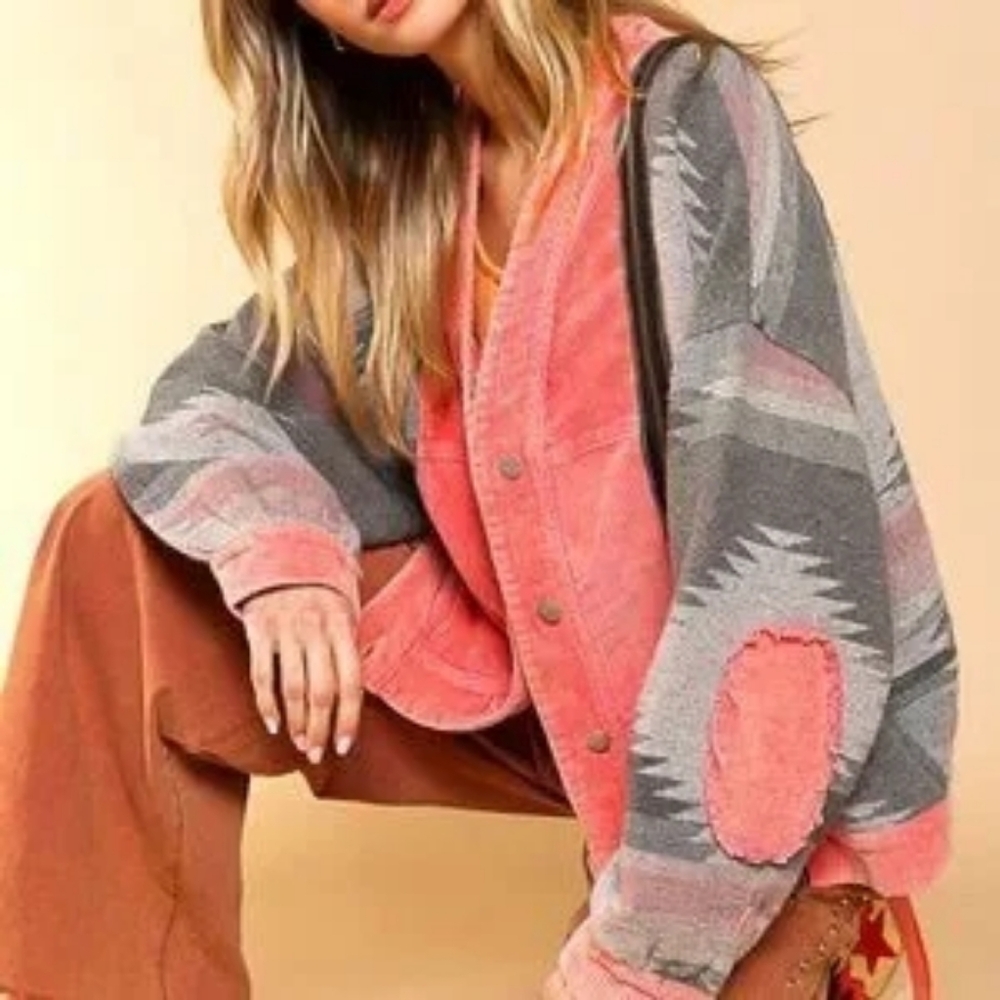 POL Pink and Gray Aztec Patterned Jacket